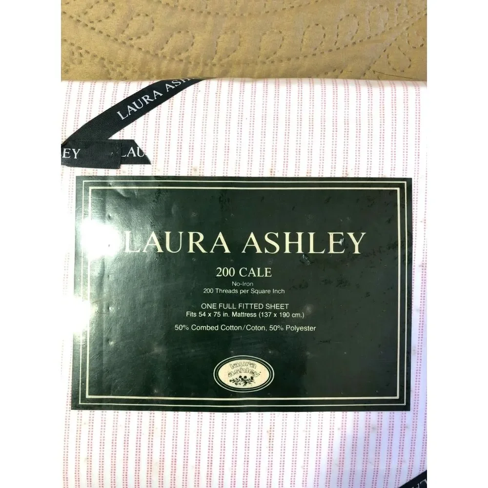 Vtg80s Laura Ashley Pink Ticking Stripe Full Fitted Sheet 200 Cale New USA 54x75